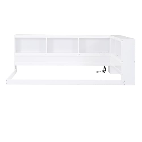 DEYOBED Twin Size Floor Daybed with Storage Cabinet and USB Ports, Solid Wood Bed Frame with L-Shaped Bookcase Shelves for Bedroom Living Room Guestroom, No Box Spring Needed, White