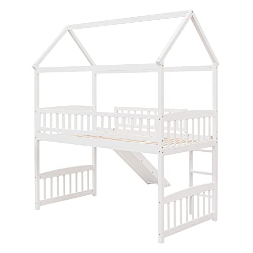 BOVZA Twin Size House Loft Bed with Convertible Slide and Ladder, Low Loft Bed with Roof and Guardrails, Wood Loft Bed Frame for Kids Boys Girls Teens, White