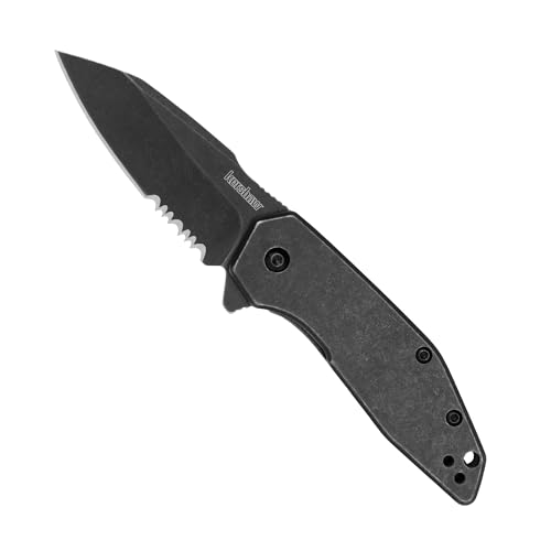 Kershaw Gravel Pocket Knife EDC, 2.5" 8Cr13MoV Steel Reverse Tanto Blade, Serrated Blade, Black