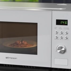 Emerson MW1101W Microwave Oven with Timer & LED Display 1000W, 10 Power Levels, 6 Pre-Programmed Settings, Removable Glass Turntable with Child Safe Lock, 1.1 Cu. Ft, White