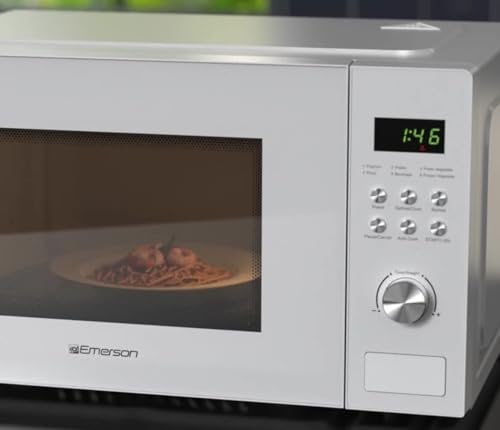 Emerson MW1101W Microwave Oven with Timer & LED Display 1000W, 10 Power Levels, 6 Pre-Programmed Settings, Removable Glass Turntable with Child Safe Lock, 1.1 Cu. Ft, White