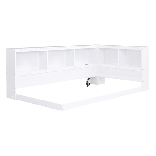 DEYOBED Twin Size Floor Daybed with Storage Cabinet and USB Ports, Solid Wood Bed Frame with L-Shaped Bookcase Shelves for Bedroom Living Room Guestroom, No Box Spring Needed, White