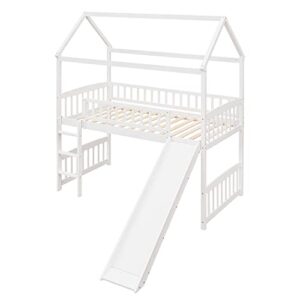 BOVZA Twin Size House Loft Bed with Convertible Slide and Ladder, Low Loft Bed with Roof and Guardrails, Wood Loft Bed Frame for Kids Boys Girls Teens, White