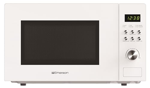 Emerson MW1101W Microwave Oven with Timer & LED Display 1000W, 10 Power Levels, 6 Pre-Programmed Settings, Removable Glass Turntable with Child Safe Lock, 1.1 Cu. Ft, White