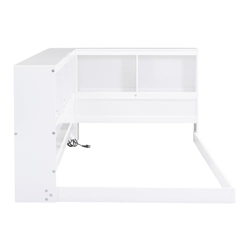 DEYOBED Twin Size Floor Daybed with Storage Cabinet and USB Ports, Solid Wood Bed Frame with L-Shaped Bookcase Shelves for Bedroom Living Room Guestroom, No Box Spring Needed, White