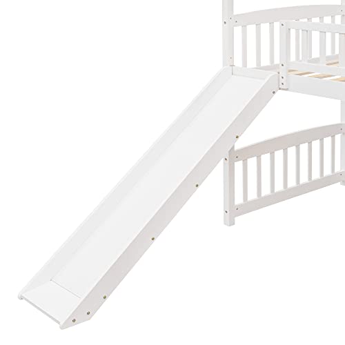 BOVZA Twin Size House Loft Bed with Convertible Slide and Ladder, Low Loft Bed with Roof and Guardrails, Wood Loft Bed Frame for Kids Boys Girls Teens, White