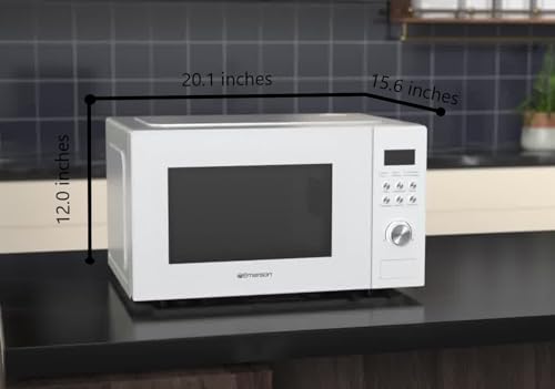 Emerson MW1101W Microwave Oven with Timer & LED Display 1000W, 10 Power Levels, 6 Pre-Programmed Settings, Removable Glass Turntable with Child Safe Lock, 1.1 Cu. Ft, White