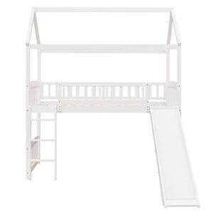 BOVZA Twin Size House Loft Bed with Convertible Slide and Ladder, Low Loft Bed with Roof and Guardrails, Wood Loft Bed Frame for Kids Boys Girls Teens, White