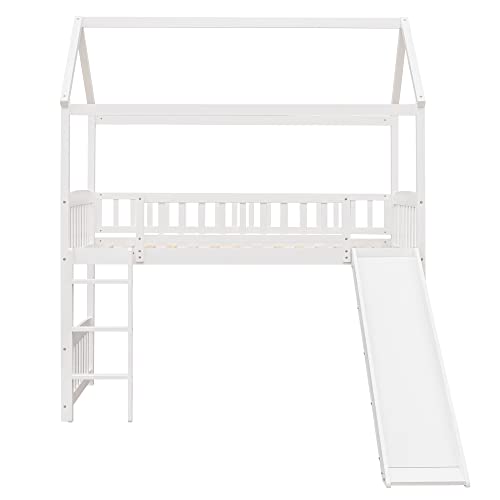 BOVZA Twin Size House Loft Bed with Convertible Slide and Ladder, Low Loft Bed with Roof and Guardrails, Wood Loft Bed Frame for Kids Boys Girls Teens, White