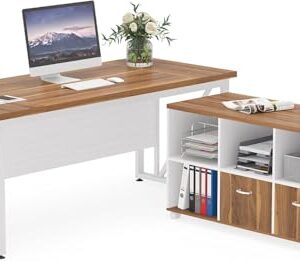 LITTLE TREE 63-Inch Office Desk, Large Computer Desk with Wheeled File Drawer Cabinet, Wood L-Shaped Executive Desk, Study Writing Desk Workstation for Home Office