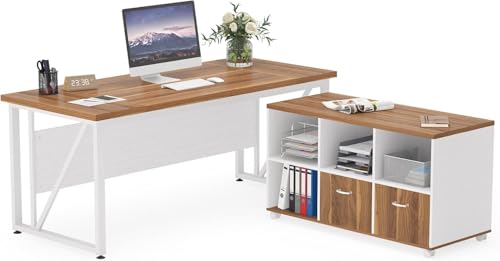 LITTLE TREE 63-Inch Office Desk, Large Computer Desk with Wheeled File Drawer Cabinet, Wood L-Shaped Executive Desk, Study Writing Desk Workstation for Home Office