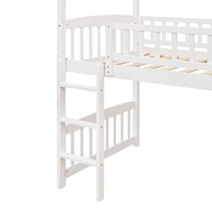 BOVZA Twin Size House Loft Bed with Convertible Slide and Ladder, Low Loft Bed with Roof and Guardrails, Wood Loft Bed Frame for Kids Boys Girls Teens, White