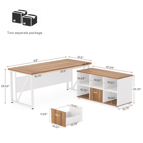 LITTLE TREE 63-Inch Office Desk, Large Computer Desk with Wheeled File Drawer Cabinet, Wood L-Shaped Executive Desk, Study Writing Desk Workstation for Home Office