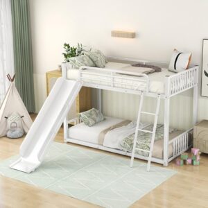 bovza twin over twin low bunk bed with slide, metal bunk bed frame with metal slats support and guardrails for kids boys girls teens, no box spring needed, white