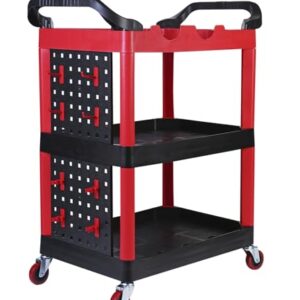 MaxWorks 50886 3 Shelf Rolling Utility Service Cart with Storage Carts and Bottle Holders with Side Hanging Hook 440-lb Capacity