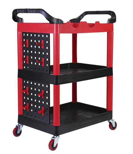 MaxWorks 50886 3 Shelf Rolling Utility Service Cart with Storage Carts and Bottle Holders with Side Hanging Hook 440-lb Capacity