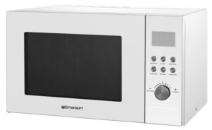 emerson mw1101w microwave oven with timer & led display 1000w, 10 power levels, 6 pre-programmed settings, removable glass turntable with child safe lock, 1.1 cu. ft, white