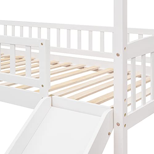 BOVZA Twin Size House Loft Bed with Convertible Slide and Ladder, Low Loft Bed with Roof and Guardrails, Wood Loft Bed Frame for Kids Boys Girls Teens, White