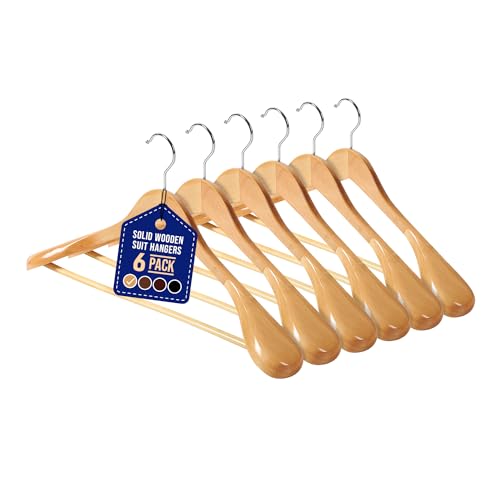 Lifemaster Solid Wooden Hanger Set - 6 Pieces Non-Slip Versatile Closet Space-Saving Hanger Set for Suit, Coat, Camisole, Jacket, Pants, and Dresses with 360° Swivel Hook - Natural Color