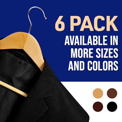 Lifemaster Solid Wooden Hanger Set - 6 Pieces Non-Slip Versatile Closet Space-Saving Hanger Set for Suit, Coat, Camisole, Jacket, Pants, and Dresses with 360° Swivel Hook - Natural Color