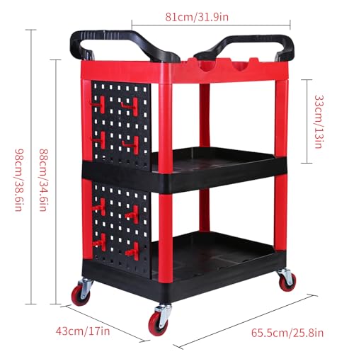 MaxWorks 50886 3 Shelf Rolling Utility Service Cart with Storage Carts and Bottle Holders with Side Hanging Hook 440-lb Capacity