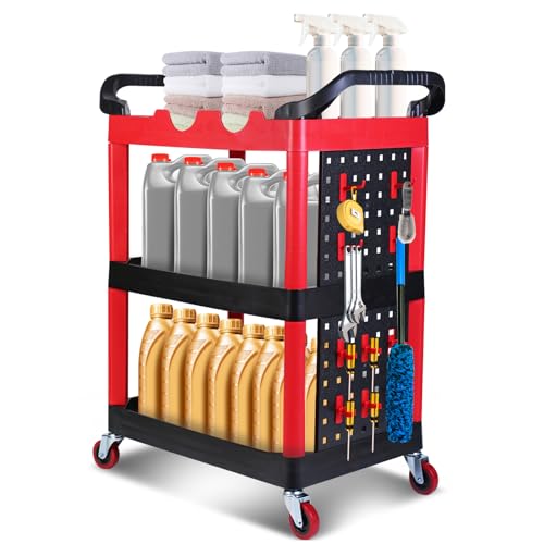 MaxWorks 50886 3 Shelf Rolling Utility Service Cart with Storage Carts and Bottle Holders with Side Hanging Hook 440-lb Capacity