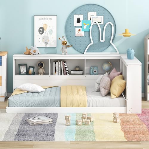 DEYOBED Wooden Twin Size Daybed with Storage Cabinets and USB Ports, Twin Platform Bed with L-Shaped Bookcases, Low Floor Bed Daybed for Kids Teens Bedroom, White