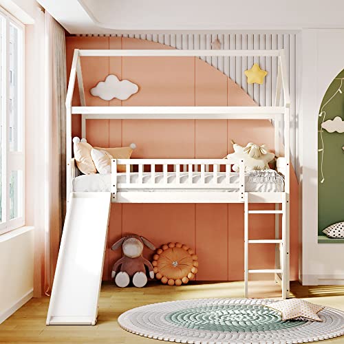 BOVZA Twin Size House Loft Bed with Convertible Slide and Ladder, Low Loft Bed with Roof and Guardrails, Wood Loft Bed Frame for Kids Boys Girls Teens, White