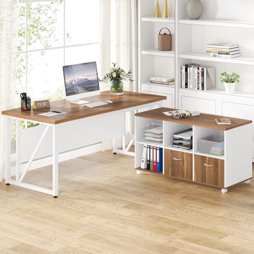 LITTLE TREE 63-Inch Office Desk, Large Computer Desk with Wheeled File Drawer Cabinet, Wood L-Shaped Executive Desk, Study Writing Desk Workstation for Home Office