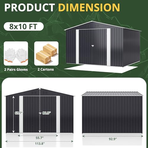 AirWire 10x8 FT Metal Storage Shed, Large Outdoor Shed with Updated Frame Structure, Garden Tool Sheds for Backyard Patio Lawn, Grey