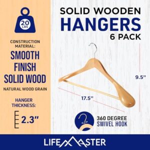 Lifemaster Solid Wooden Hanger Set - 6 Pieces Non-Slip Versatile Closet Space-Saving Hanger Set for Suit, Coat, Camisole, Jacket, Pants, and Dresses with 360° Swivel Hook - Natural Color