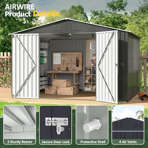 AirWire 10x8 FT Metal Storage Shed, Large Outdoor Shed with Updated Frame Structure, Garden Tool Sheds for Backyard Patio Lawn, Grey