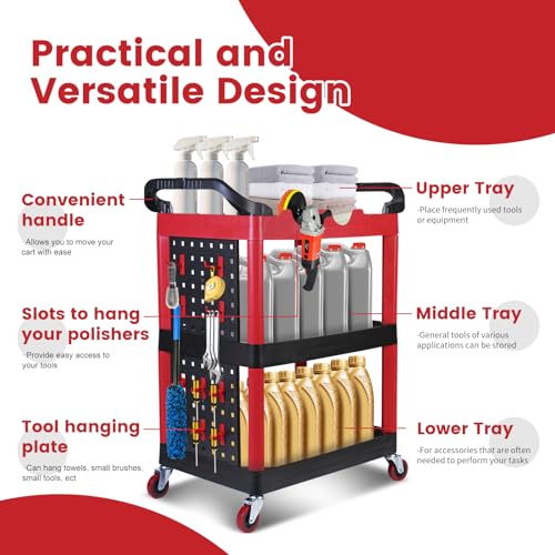 MaxWorks 50886 3 Shelf Rolling Utility Service Cart with Storage Carts and Bottle Holders with Side Hanging Hook 440-lb Capacity