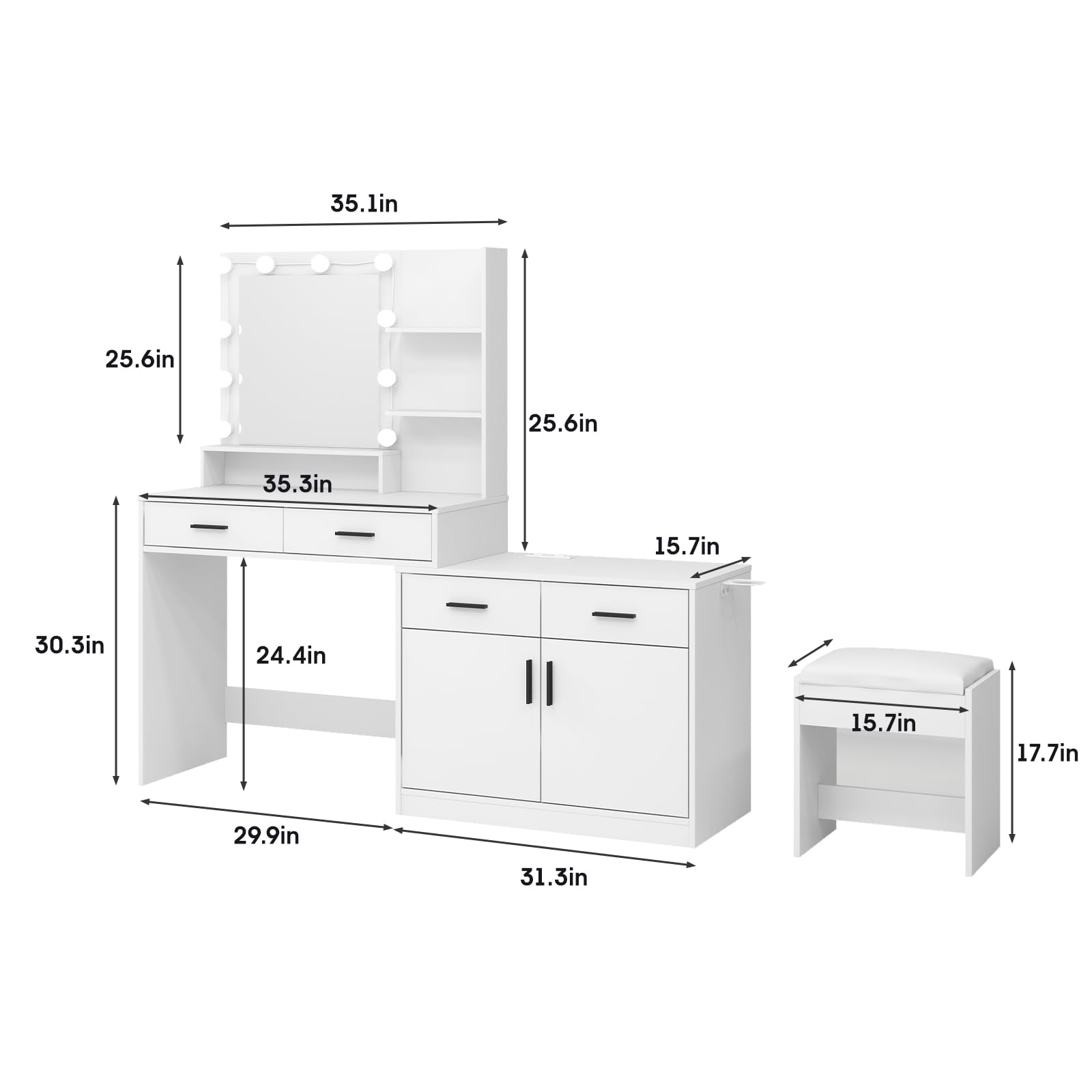 Vabches Vanity Desk with Mirror and Lights,Makeup Vanity with Power Outlet&Stool,3 Color Lighting Modes,White Vanity Table Set with 4 Drawers,Lots Storage and Shelves