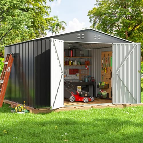 AirWire 10x8 FT Metal Storage Shed, Large Outdoor Shed with Updated Frame Structure, Garden Tool Sheds for Backyard Patio Lawn, Grey