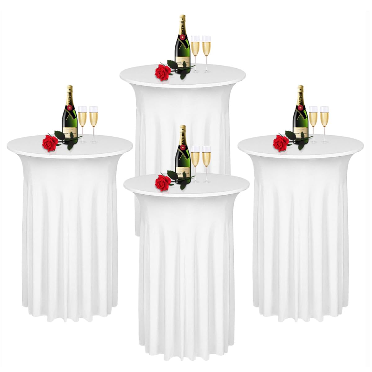 Albassa 4 Pack Cocktail Table Covers 32"x 43" Spandex Stretch Round Cocktail Tablecloths with Wavy Drapes Fitted High Top Bar Table Skirt for Wedding Party Banquet (White, 4 PCS)