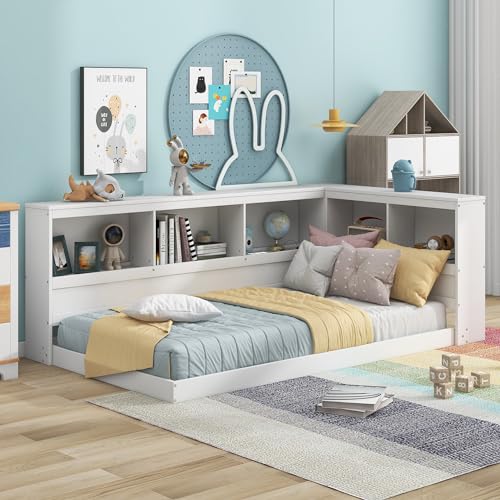 DEYOBED Twin Size Floor Daybed with Storage Cabinet and USB Ports, Solid Wood Bed Frame with L-Shaped Bookcase Shelves for Bedroom Living Room Guestroom, No Box Spring Needed, White