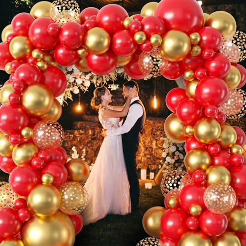 Red Gold Balloons Garland Arch Kit, 18/12/10/5 inch Red Metal Gold Latex Balloon Set with Gold Confetti Balloons for Graduation Baby Shower Wedding Valentine's Day Birthday Anniversary Supplies