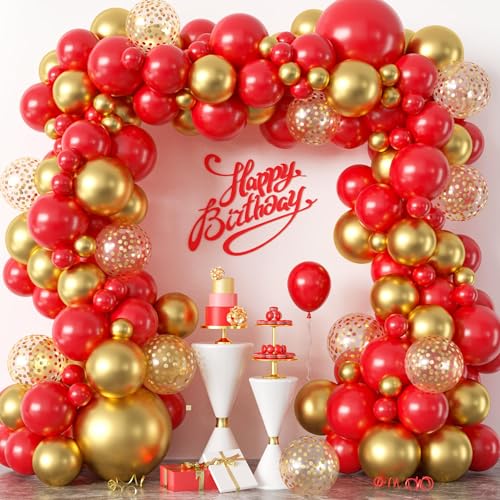 Red Gold Balloons Garland Arch Kit, 18/12/10/5 inch Red Metal Gold Latex Balloon Set with Gold Confetti Balloons for Graduation Baby Shower Wedding Valentine's Day Birthday Anniversary Supplies