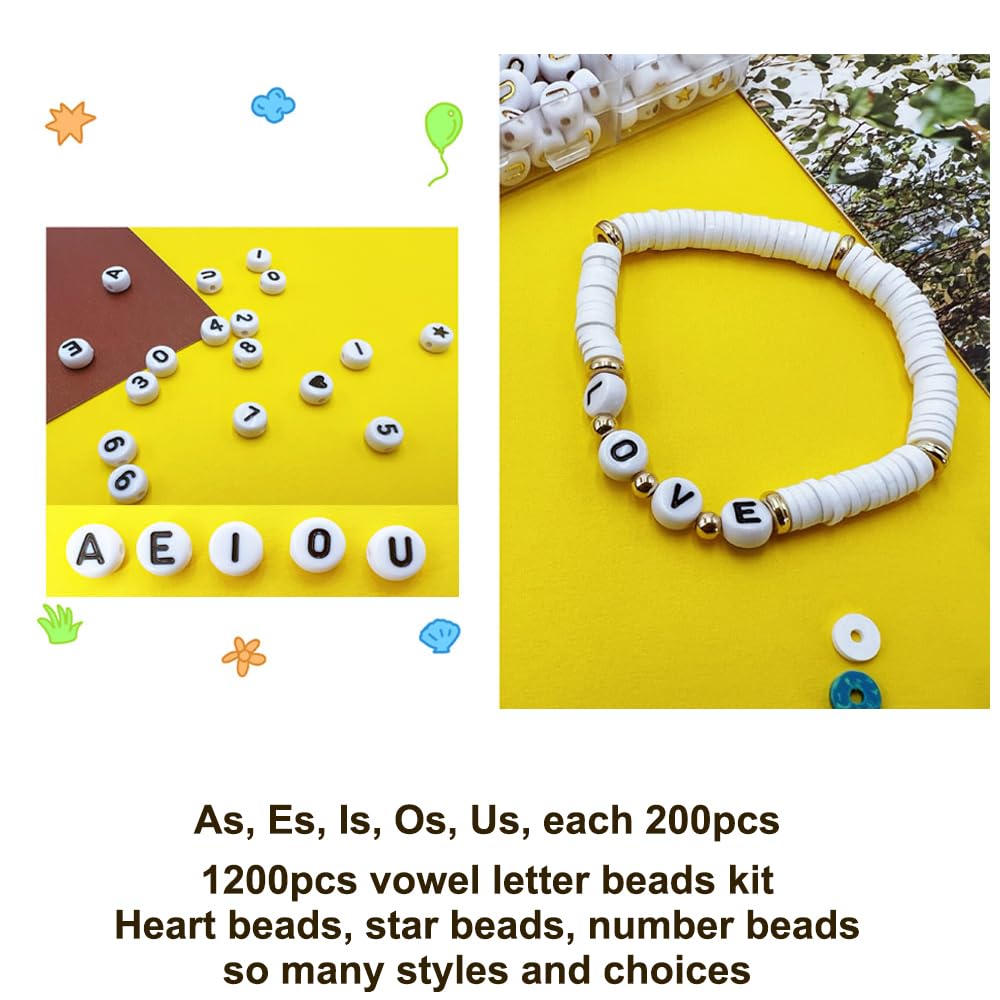 MIIIM 1200pcs Vowel Letter Beads (A, E, I, O, U), 4x7mm Round Letter Beads for Bracelets Making, Alphabet Beads, Number Beads, Heart Beads in 24 Grid Box (White Beads Black Letters)