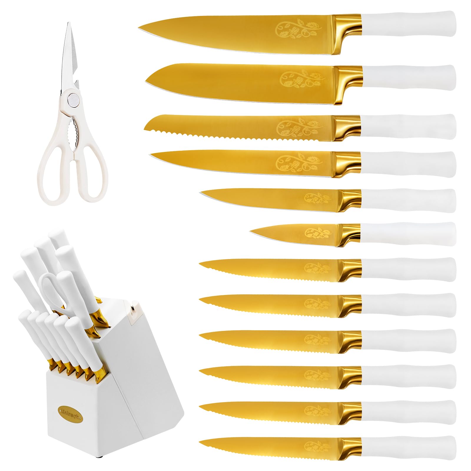 Gold Knife Set with White Handle, 14PCS Premium Quality Titanium Coated Hollow Handle Kitchen Knife Sets, Stainless Steel Chef Gold Kitchen Knife Sets with White Block, Non-slip Ergonomic Handle