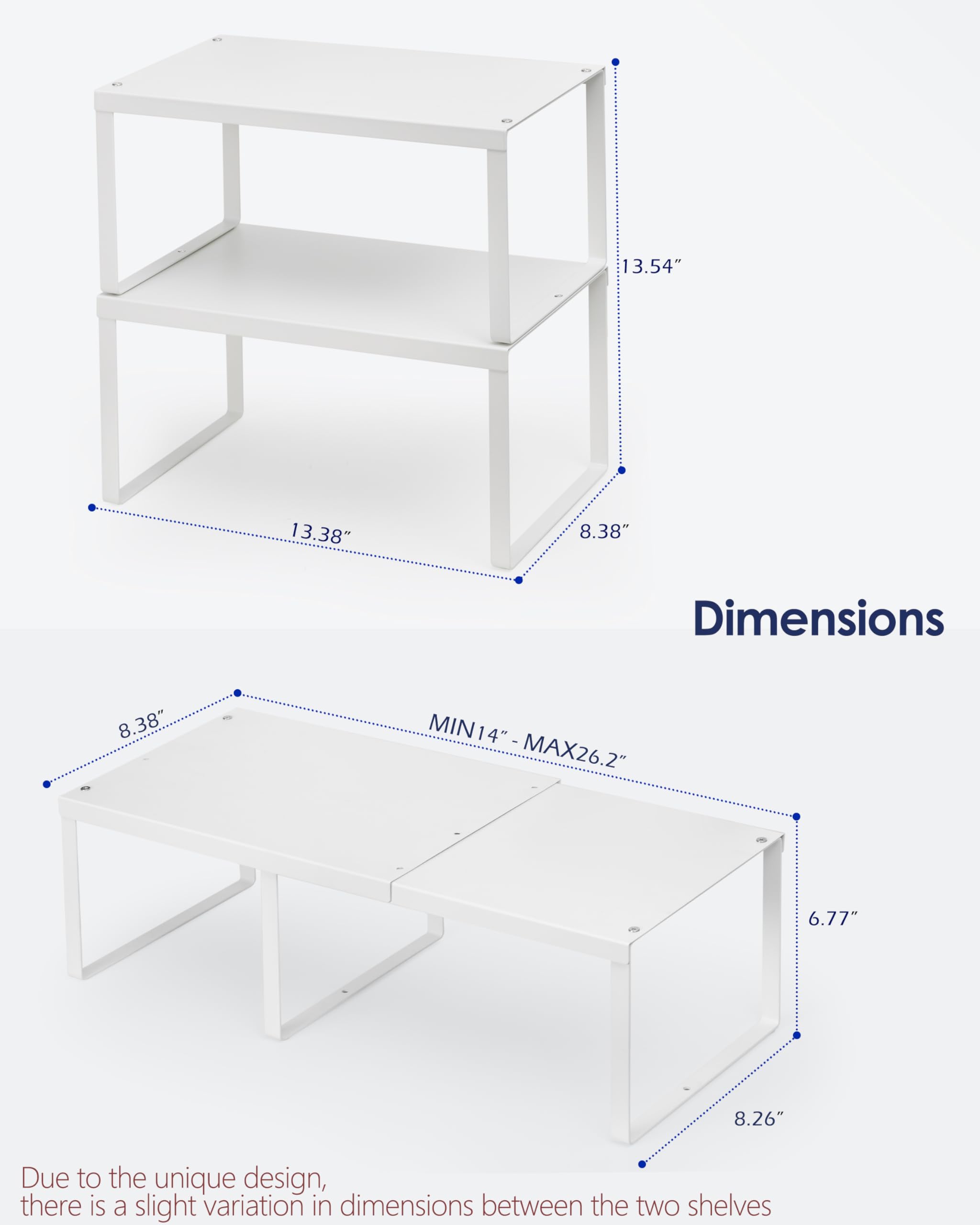 Nxconsu 2Pack Cabinet Shelf Expandable Stackable Organizer Riser for Kitchen Cabinet Pantry Cupboard Under Sink Countertop Organization Accessories Storage Space Saver Multi-Function Metal White