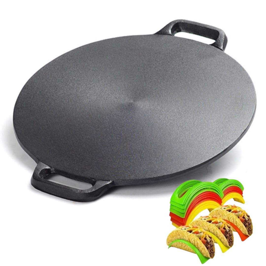 SISIGOO 12-in Cast Iron Pan with 10 Taco Holders, Comal Para Tortillas, Crepe Pan Nonstick, Iron Tawa Pan for Indian Dosa, Cast Iron Griddle, non-Stick Flat Pan, Cast Iron Pizza Pan