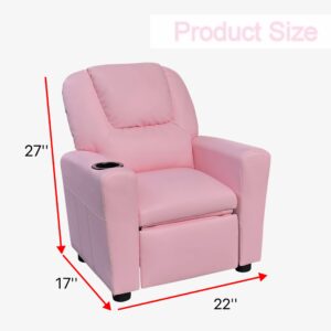 anwickjeff Modern PU Leather Kids Recliner Chair with Cup Holder, Adjustable 2-in-1 Kids Single Couch for Boys Girls (Pink)