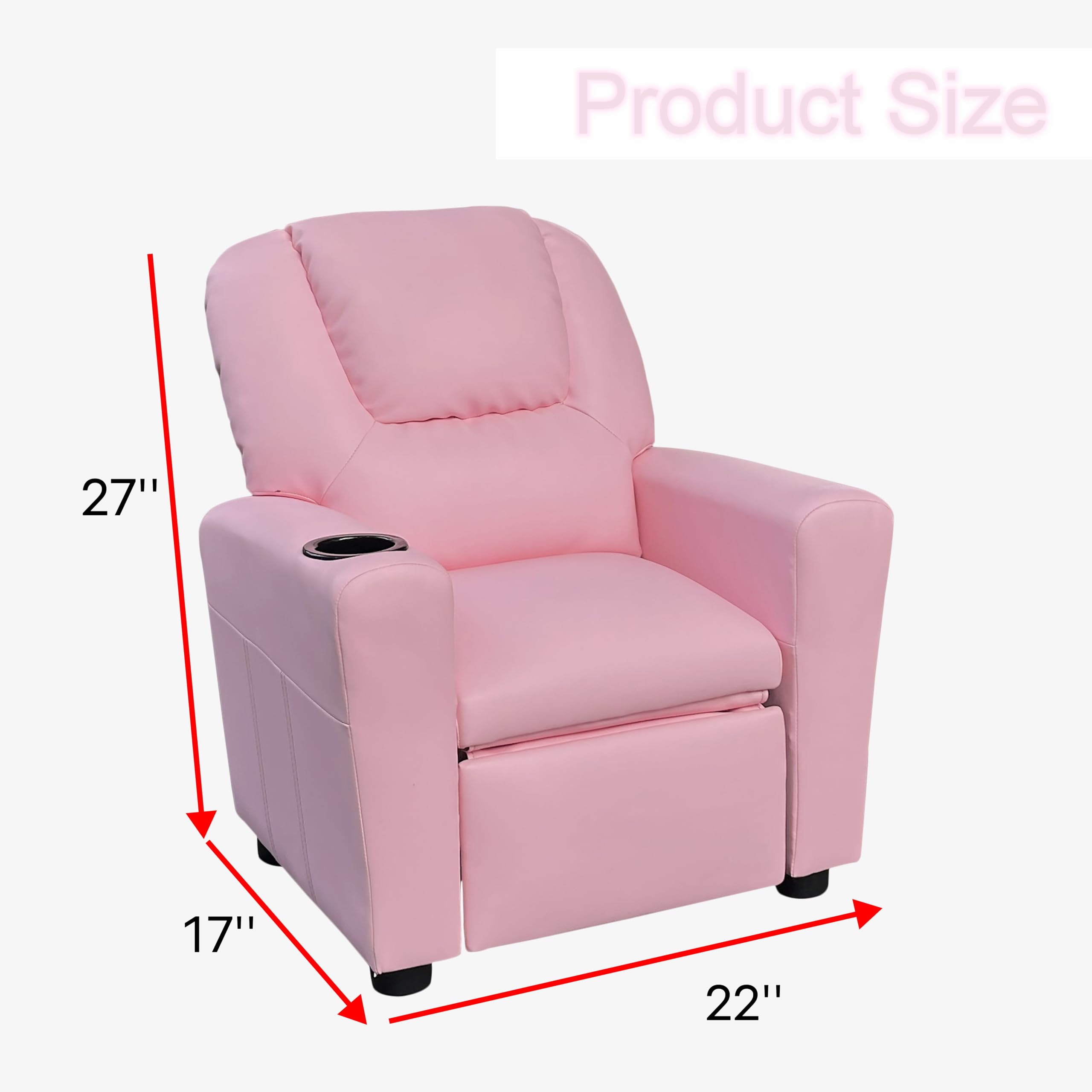 anwickjeff Modern PU Leather Kids Recliner Chair with Cup Holder, Adjustable 2-in-1 Kids Single Couch for Boys Girls (Pink)