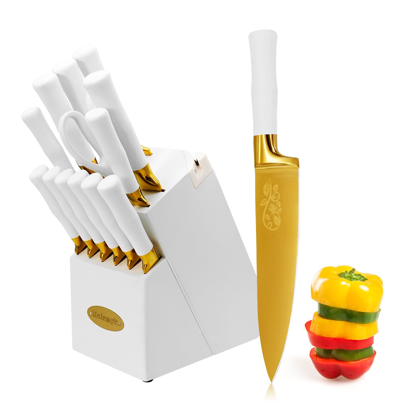 Gold Knife Set with White Handle, 14PCS Premium Quality Titanium Coated Hollow Handle Kitchen Knife Sets, Stainless Steel Chef Gold Kitchen Knife Sets with White Block, Non-slip Ergonomic Handle