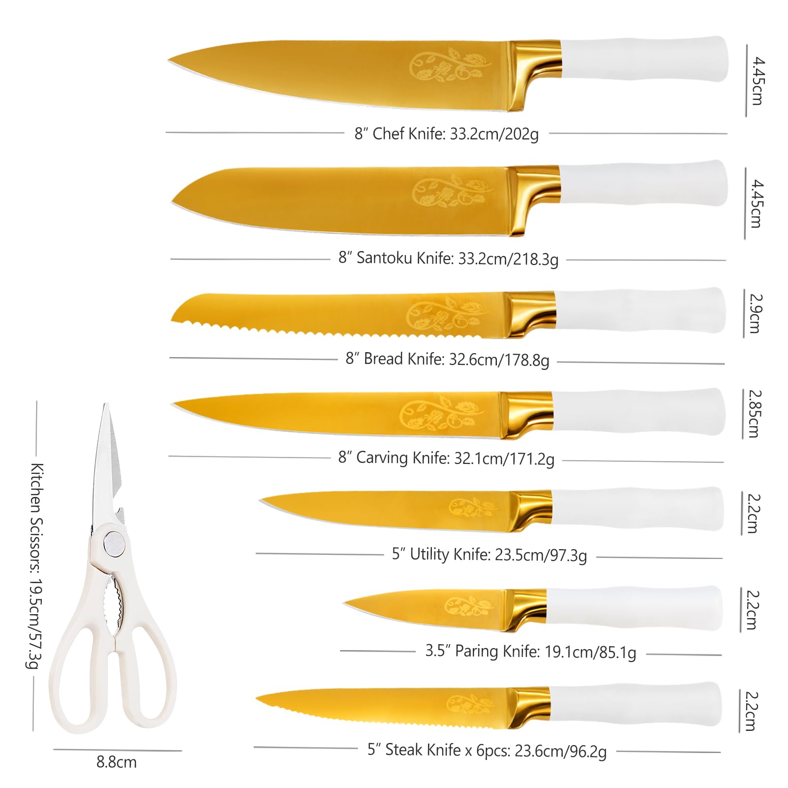 Gold Knife Set with White Handle, 14PCS Premium Quality Titanium Coated Hollow Handle Kitchen Knife Sets, Stainless Steel Chef Gold Kitchen Knife Sets with White Block, Non-slip Ergonomic Handle