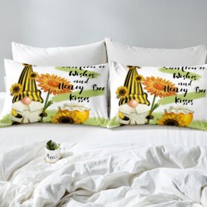 Erosebridal Sunflower Gnome King Duvet Cover for Girls Boys Kids,Yellow Flowers Comforter Cover,Cute Spring Gnome Bed Set,Botanical Floral Green Yellow Bedspread Cover with 2 Pillow Cases Zipper