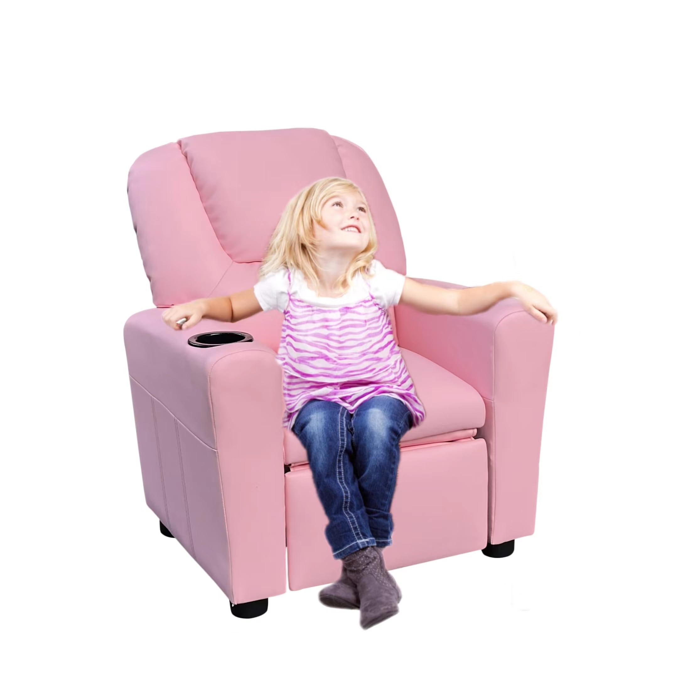 anwickjeff Modern PU Leather Kids Recliner Chair with Cup Holder, Adjustable 2-in-1 Kids Single Couch for Boys Girls (Pink)