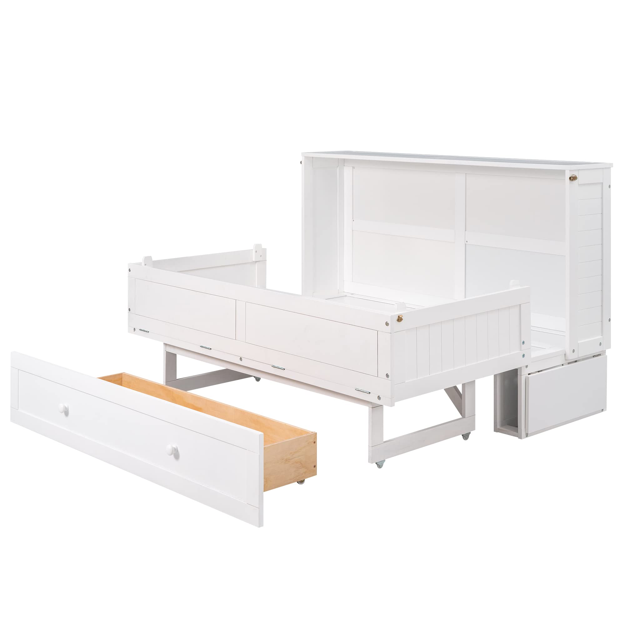 Harper & Bright Designs Queen Size Murphy Bed, Mobile Queen Murphy Bed with Drawer and Little Shelves on Each Side, Wood Queen Size Bed Frame, White